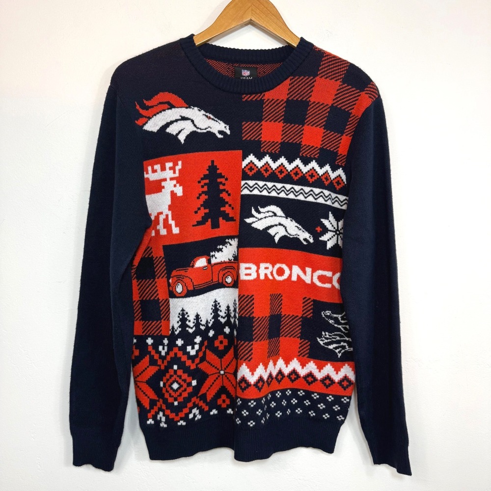 NFL Denver Broncos Sweater Navy Blue Ugly Christmas Holiday Football Mens M